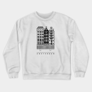 Three old houses. Amsterdam, Netherlands. Realistic black and white illustration. Crewneck Sweatshirt